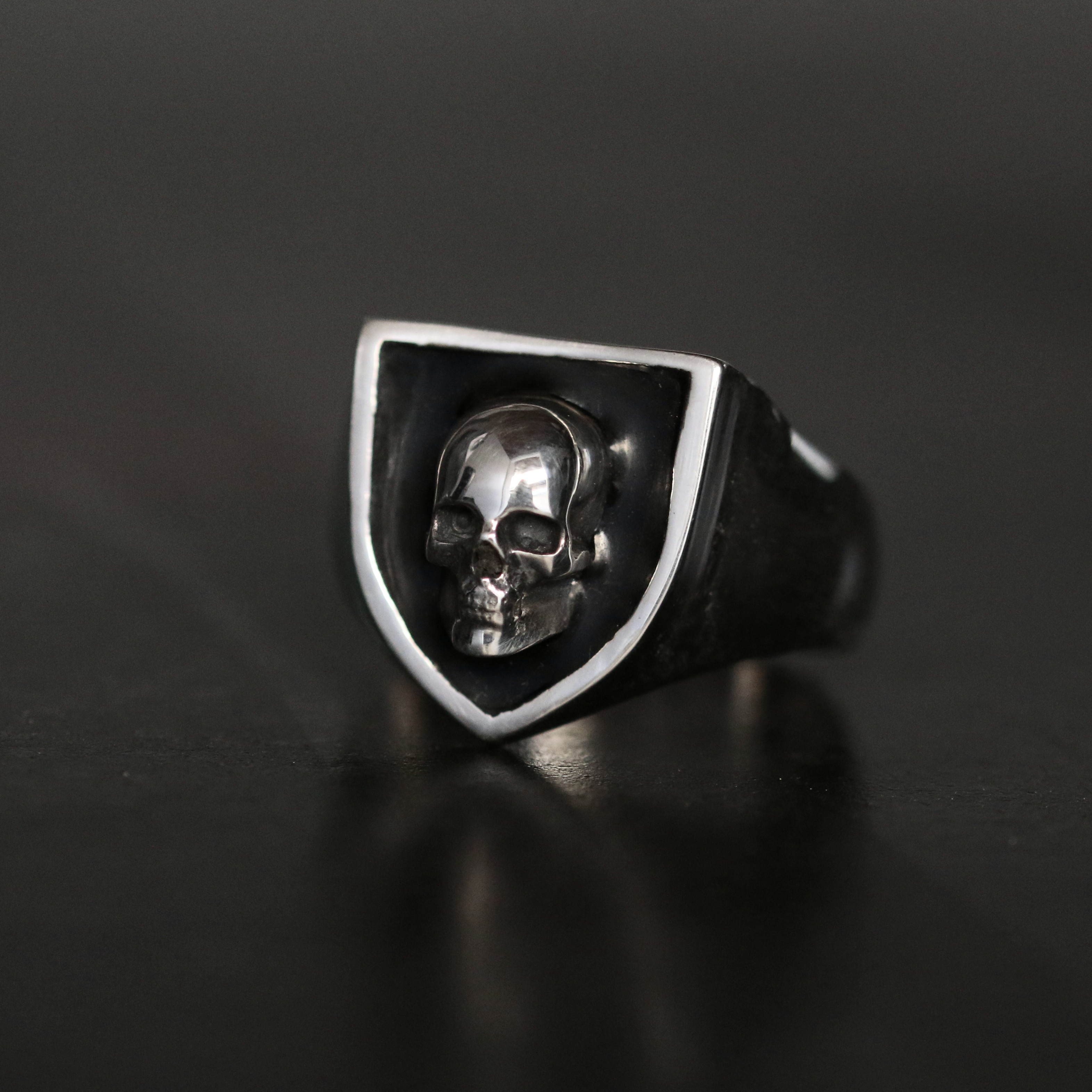 Black Enamel Skull Shield Signet Ring | N.A Designs